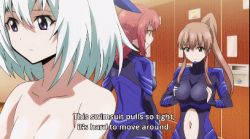 Rule 34 | 10s, 3girls, animated, animated gif, aoba kazane, bodysuit, breast envy, grabbing another&#039;s breast, breasts, brown hair, english text, grabbing, keijo!!!!!!!!, large breasts, latex, lowres, miyata sayaka, multiple girls, red hair, rubber, subtitled, toyoguchi non, training suit, white hair