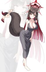 Rule 34 | 1girl, absurdres, alternate costume, animal ear fluff, animal ears, barefoot, black dress, blue archive, blunt ends, blush, bow, breasts, brown hair, cleavage, colored inner hair, commentary, dalgam12, dongtan dress, dress, fox ears, fox tail, hair ornament, halo, heart, highres, korean commentary, large breasts, leaning forward, long hair, looking at viewer, meme attire, multicolored hair, red hair, scoop neck, spoken heart, straight hair, tail, tail bow, tail ornament, tassel, tassel hair ornament, taut clothes, taut dress, two-tone hair, very long hair, wakamo (blue archive), zoom layer