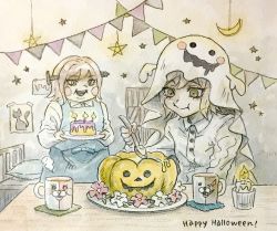 Rule 34 | 10s, 2boys, bed sheet, blush stickers, bookshelf, brown hair, cake, candle, cup, danganronpa (series), danganronpa 3 (anime), eating, food, ghost costume, halloween, happy halloween, highres, jack-o&#039;-lantern, male focus, mitarai ryota, moon, mug, multiple boys, painting (medium), pumpkin, screw, star (symbol), togami byakuya (danganronpa 2), traditional media, watercolor (medium), xiki