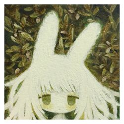 Rule 34 | 1girl, animal ears, border, closed mouth, expressionless, green eyes, highres, ju6mei, leaf, long hair, looking at viewer, original, painting (medium), plant, portrait, rabbit ears, rabbit girl, solo, straight-on, tareme, traditional media, white border, white hair