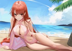 Rule 34 | 1girl, absurdres, artist request, bare legs, beach, blue sky, blush, breasts, brown eyes, casual one-piece swimsuit, cleavage, cloud, collarbone, copyright request, criss-cross halter, grin, hair between eyes, halterneck, highleg, highleg swimsuit, highres, jewelry, large breasts, long hair, long sleeves, looking at viewer, midriff, navel, ocean, one-piece swimsuit, outdoors, pendant, pink one-piece swimsuit, red hair, sitting, sky, smile, solo, stomach, straight hair, summer, swimsuit, very long hair
