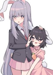 Rule 34 | 2girls, absurdres, animal ears, arms up, belt, black hair, blazer, blush, bright pupils, carrot necklace, collar, collared shirt, cropped legs, dress, hair between eyes, hand on another&#039;s face, hands up, height difference, highres, hug, inaba tewi, jacket, jewelry, light purple hair, long hair, long sleeves, looking at viewer, multiple girls, necklace, necktie, open mouth, pink dress, pleated skirt, puffy short sleeves, puffy sleeves, purple hair, rabbit ears, rabbit tail, red belt, red neckwear, red skirt, reisen udongein inaba, shirt, short hair, short sleeves, simple background, skirt, smile, standing, tail, touhou, tsukimirin, white background, white pupils, white shirt