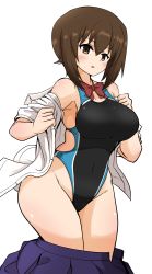 Rule 34 | 1girl, absurdres, black one-piece swimsuit, blue skirt, bow, bowtie, closed mouth, clothes pull, clothing cutout, competition swimsuit, cowboy shot, dress shirt, girls und panzer, highleg, highleg swimsuit, highres, looking at viewer, nishizumi maho, one-piece swimsuit, open clothes, open shirt, open skirt, opened by self, pleated skirt, pulling own clothes, red bow, red bowtie, shirt, shirt pull, side cutout, simple background, skindentation, skirt, skirt pull, solo, standing, swimsuit, undressing, white background, white shirt, yogurt bakudan