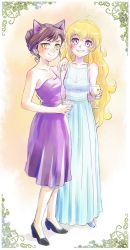 Rule 34 | 2girls, :d, ahoge, animal ears, arm around waist, black hair, blake belladonna, blonde hair, blush, cat ears, cup, cupping glass, dress, drinking glass, earrings, formal, framed, glass, gown, grin, hair bun, hand on shoulder, high heels, iesupa, image sample, jewelry, long hair, looking at viewer, multiple girls, open mouth, purple eyes, ring, rwby, single hair bun, smile, standing, strapless, strapless dress, teeth, wine glass, yang xiao long, yellow eyes