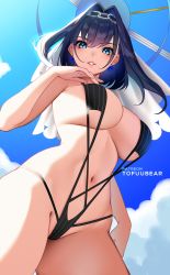 Rule 34 | 1girl, absurdres, arm up, bikini, black bikini, blue bow, blue eyes, blue hair, blue sky, bow, bow earrings, breasts, chain, cloud, cloudy sky, covered erect nipples, cross-laced bikini, cross-laced clothes, earrings, hair intakes, halo, head chain, headdress, highres, hololive, hololive english, jewelry, large breasts, lipgloss, looking at viewer, looking down, mechanical halo, navel, ouro kronii, parted bangs, parted lips, pinstripe pattern, revealing clothes, sideboob, skindentation, sky, solo, string bikini, striped bikini, striped clothes, swimsuit, thighs, tofuubear, underboob, veil, vertical-striped bikini, vertical-striped clothes, virtual youtuber