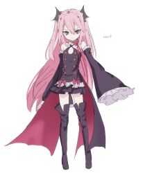 Rule 34 | 1girl, bare shoulders, black ribbon, boots, bow, breasts, choker, closed mouth, criss-cross halter, detached sleeves, dress, frilled dress, frilled sleeves, frills, hair between eyes, halterneck, krul tepes, long hair, long sleeves, nitrio, owari no seraph, pink bow, pink eyes, pink hair, pointy ears, puffy long sleeves, puffy sleeves, ribbon, sidelocks, sleeveless, sleeveless dress, sleeves past fingers, sleeves past wrists, small breasts, solo, standing, thigh boots, twintails, two side up, white background