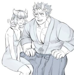 Rule 34 | 1boy, 1girl, bad id, bad twitter id, bara, boarsunrise, breasts, cleavage, cow horns, demon horns, ear wiggle, extra horns, feet out of frame, hakama, hakama pants, highres, horns, japanese clothes, kimono, large pectorals, macroich (housamo), motion lines, muscular, muscular male, pants, pectoral cleavage, pectorals, short hair, short kimono, sideburns, sitting, small breasts, thick eyebrows, tokyo houkago summoners