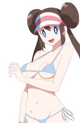 Rule 34 | 1girl, bikini, blue eyes, breasts, brown hair, chelsea cola v, creatures (company), game freak, highres, long hair, looking at viewer, medium breasts, navel, nintendo, nipples, open mouth, pokemon, pokemon bw2, rosa (pokemon), smile, solo, swimsuit, white background