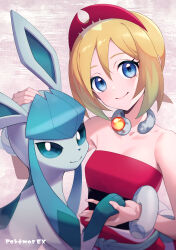 Rule 34 | 1girl, absurdres, blonde hair, blue eyes, blurry, bracelet, closed mouth, collar, collarbone, commentary request, copyright name, creatures (company), eyelashes, game freak, gen 4 pokemon, glaceon, hair between eyes, hairband, headpat, highres, holding hands, irida (pokemon), jewelry, maki (letusgomaki), nintendo, pokemon, pokemon (creature), pokemon legends: arceus, pokemon masters ex, red hairband, sash, shirt, short hair, smile, strapless, strapless shirt