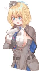Rule 34 | 1girl, ?, az toride, black gloves, blonde hair, blue eyes, blue necktie, braid, breasts, capelet, colorado (kancolle), commentary request, cowboy shot, dress, elbow gloves, garrison cap, gloves, grey dress, hat, kantai collection, large breasts, necktie, paint roller, pleated dress, shirt, short hair, side braids, sideboob, simple background, sleeveless, solo, white background, white shirt