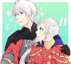 Rule 34 | !, !!, 1boy, 1girl, alternate color, armor, byleth (fire emblem), byleth (male) (fire emblem), cape, couple, edelgard von hresvelg, fire emblem, fire emblem: three houses, gloves, green background, hetero, nintendo, open mouth, purple eyes, red cape, short hair, side ponytail, simple background, totototope, upper body, white hair