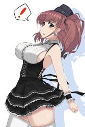 Rule 34 | !, anchor hair ornament, atlanta (kancolle), black dress, black hat, breasts, brown hair, dress, earrings, frilled cuffs, frilled dress, frills, garrison cap, grey eyes, hair ornament, hat, highres, jewelry, kantai collection, kinakomochi (testament05), large breasts, leaning back, long hair, shirt, sleeveless, sleeveless shirt, spoken exclamation mark, star (symbol), star earrings, thighhighs, two side up, white background, white thighhighs, wrist cuffs