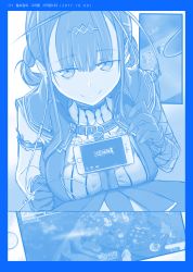Rule 34 | 1girl, artoria pendragon (all), artoria pendragon (fate), blue theme, breasts, cellphone, earphones, getsuyoubi no tawawa, girls&#039; frontline, gloves, highres, iphone, korean text, large breasts, long hair, looking at viewer, monochrome, official style, parody, peagunz, phone, saber (fate), smartphone, smile, tawawa challenge