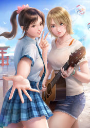 Rule 34 | 2girls, architecture, beach, bird, blue eyes, blue necktie, blue shorts, blue sky, bracelet, breasts, brown eyes, brown hair, character request, chibi, collared shirt, commentary, day, denim, denim shorts, east asian architecture, from side, grin, guitar, hair ornament, hair scrunchie, holding, holding instrument, instrument, jewelry, john law bc, long hair, looking at viewer, medium breasts, multiple girls, necklace, necktie, open hand, outdoors, outstretched arm, pink lips, pink scrunchie, plaid, plaid necktie, plaid neckwear, plaid skirt, pleated skirt, plectrum, school uniform, scrunchie, shirt, short hair, short sleeves, shorts, skirt, sky, smile, summer lesson, sunlight, torii, torn clothes, torn shorts, v, white shirt, wing collar
