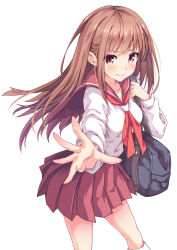 Rule 34 | 1girl, bag, blouse, blush, breasts, brown hair, closed mouth, collarbone, cowboy shot, eyebrows, fingernails, hand up, highres, hinoki yuu, kneehighs, long fingernails, long hair, looking at viewer, medium breasts, miniskirt, neckerchief, original, outstretched arm, pleated skirt, purple eyes, reaching, reaching towards viewer, red sailor collar, red skirt, sailor collar, school bag, school uniform, serafuku, shirt, shoulder bag, simple background, skirt, smile, socks, solo, spread fingers, standing, white background, white socks