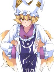 Rule 34 | 1girl, 5bvmkpkz0cntyta, animal hat, blonde hair, breasts, breasts squeezed together, commentary request, fox tail, frills, hair between eyes, hat, highres, large breasts, leaning forward, long sleeves, looking at viewer, mob cap, multiple tails, parted lips, short hair, simple background, smile, solo, tabard, tail, touhou, white background, yakumo ran, yellow eyes