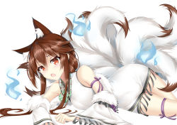 Rule 34 | 1girl, animal ears, blue fire, blush, detached sleeves, fire, fox ears, fox tail, fur trim, girls&#039; frontline, hair between eyes, highres, japanese clothes, jewelry, long hair, looking at viewer, lying, multiple tails, necklace, official alternate costume, on side, open mouth, tail, type 79 (girls&#039; frontline), type 79 (nine-tail fox) (girls&#039; frontline), wolf ears, xin (zinc)