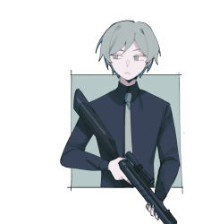 Rule 34 | 1boy, black shirt, blue background, blue eyes, blue hair, collared shirt, facing viewer, formal, gun, holding, holding weapon, long sleeves, looking to the side, male focus, multicolored background, nabob, necktie, pale skin, rifle, roland (toh), shirt, short hair, solo, suit, tower of hanoi, weapon, white background