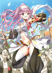 Rule 34 | 1girl, armpits, bare shoulders, belt, blue sky, braid, breasts, cleavage, confetti, crowd, dancing, day, detached sleeves, fire emblem, fire emblem awakening, fire emblem cipher, gloves, hairband, highres, leg up, long hair, medium breasts, midriff, navel, nintendo, official art, olivia (fire emblem), open mouth, outdoors, pink hair, ponytail, saitou masatsugu, sky, solo focus, thighhighs, twin braids, white thighhighs, wrist cuffs