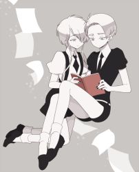 Rule 34 | 2others, androgynous, bad id, bad twitter id, book, cairngorm (houseki no kuni), colored eyelashes, gem uniform (houseki no kuni), ghost quartz (houseki no kuni), grey background, grey eyes, grey hair, hair over one eye, houseki no kuni, multiple others, nao (necomugi), necktie, paper, reading, short hair, short hair with long locks, smile, suspenders, time paradox, white eyes, white hair