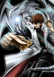 Rule 34 | 1boy, black shirt, blue-eyes white dragon, blue eyes, brown hair, card, commentary request, dragon, duel monster, holding, holding card, jacket, kaiba seto, male focus, open clothes, open jacket, ougi kairi, pants, shirt, short hair, yu-gi-oh!, yu-gi-oh! duel monsters