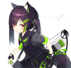 Rule 34 | 1girl, absurdres, animal ear fluff, animal ears, arrow (projectile), asymmetrical hair, black gloves, black sailor collar, black skirt, black vest, bow (weapon), commentary request, fingerless gloves, gloves, grey shirt, hair between eyes, hair ornament, hairclip, highres, holding, holding bow (weapon), holding weapon, long hair, looking at viewer, mayogii, original, pleated skirt, purple hair, quiver, red eyes, sailor collar, shirt, short sleeves, simple background, skirt, solo, twintails, uneven twintails, vest, weapon, white background