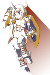 Rule 34 | 1girl, aaru (tenrake chaya), blue eyes, character request, digimon, highres, horns, personification, short hair, simple background, solo, thighhighs, wargreymon, white background