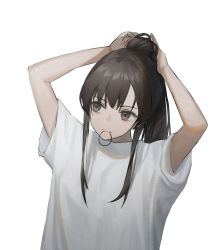 Rule 34 | 1girl, bare arms, brown eyes, brown hair, commentary, hair tie in mouth, hands up, highres, long hair, looking away, mouth hold, original, ponytail, shirt, short sleeves, simple background, solo, subfiction, t-shirt, tying hair, upper body, white background, white shirt