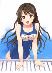 Rule 34 | 10s, 1girl, arm support, blush, braid, brown eyes, brown hair, dot nose, happy, idolmaster, idolmaster cinderella girls, long hair, looking at viewer, name tag, one-piece swimsuit, partially submerged, poolside, school swimsuit, shimamura uzuki, simple background, smile, solo, swimsuit, translated, wet, white background, yamamoto shima