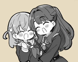 Rule 34 | 2girls, ^ ^, arm hug, blush stickers, clenched hand, closed eyes, commentary, crossed bangs, dress, fujishima megumi, greyscale with colored background, hair ornament, hasu no sora school uniform, heads together, hinoshita kaho, light brown background, link! like! love live!, long hair, long sleeves, love live!, medium hair, mezashi (mezamashi set), multiple girls, neckerchief, open mouth, rabbit hair ornament, sailor collar, sailor dress, school uniform, side ahoge, smile, swept bangs, two side up, winter uniform