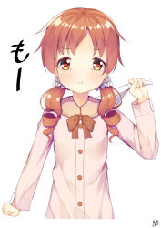 Rule 34 | 1girl, artist name, blush, bow, brown bow, brown eyes, brown hair, clenched hand, closed mouth, commentary request, fur collar, gochuumon wa usagi desu ka?, hair ornament, hair scrunchie, hand fan, hand up, harisen, holding, jacket, long hair, long sleeves, looking at viewer, low twintails, natsu megumi, pink jacket, pout, red hair, ringlets, scrunchie, signature, simple background, solo, tears, twintails, upper body, white background, white scrunchie, win opz