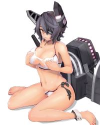 Rule 34 | 10s, 1girl, bare shoulders, barefoot, bikini, breasts, cleavage, eyepatch, headgear, highres, kantai collection, large breasts, looking at viewer, machinery, navel, purple hair, shiny skin, siesta (artist), simple background, sitting, solo, swimsuit, tenryuu (kancolle), torn bikini, torn clothes, torn swimsuit, wariza, white background, white bikini, yellow eyes