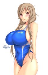 Rule 34 | 1girl, arms behind back, blue one-piece swimsuit, braid, breasts, cloud hair ornament, competition swimsuit, cowboy shot, dated, gradient hair, highleg, highleg swimsuit, highres, kantai collection, large breasts, light brown hair, long hair, looking at viewer, minegumo (kancolle), montemasa, multicolored hair, one-hour drawing challenge, one-piece swimsuit, red eyes, simple background, solo, swimsuit, twin braids, twitter username, white background