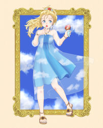 Rule 34 | 1girl, blonde hair, blue dress, blue eyes, cloud, dress, feet, final fantasy, final fantasy v, food, full body, hair ornament, highres, jewelry, krile mayer baldesion (ff5), long hair, nail polish, necklace, open mouth, picture frame, ponytail, solo, tachibana mayura, toes