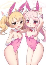 Rule 34 | 2girls, ahoge, alternate costume, animal ears, arm around shoulder, arm up, bare shoulders, blonde hair, blue archive, bow, bowtie, breasts, commentary request, cowboy shot, detached collar, fake animal ears, fake tail, halo, hand on another&#039;s shoulder, highres, kokone (coconeeeco), leotard, long hair, looking at viewer, medium hair, multiple girls, natsu (blue archive), open mouth, paid reward available, parted lips, pink hair, pink halo, pink leotard, playboy bunny, rabbit ears, rabbit pose, rabbit tail, red bow, red bowtie, red eyes, side-by-side, side ponytail, simple background, small breasts, strapless, strapless leotard, tail, traditional bowtie, twintails, v-shaped eyebrows, white background, wrist cuffs, yellow eyes, yellow halo, yoshimi (blue archive)