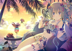 Rule 34 | 1girl, ahoge, bad id, bad pixiv id, bikini, blonde hair, blue eyes, blush, collarbone, cross-laced clothes, cup, drink, drinking glass, drinking straw, flower, hair flower, hair ornament, hibiscus, highres, horizon, looking at viewer, lying, navel, ocean, on back, one side up, original, palm tree, red flower, red rose, rose, sky, solo, sparkle, sun, sunset, swimsuit, table, tree, water, yamadori yoshitomo