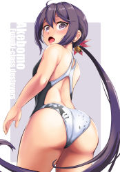 Rule 34 | 1girl, absurdres, akebono (kancolle), ass, ass focus, bell, black one-piece swimsuit, character name, commentary request, competition swimsuit, cowboy shot, flower, from behind, grey eyes, grey hair, hair bell, hair flower, hair ornament, highres, jingle bell, kantai collection, long hair, looking at viewer, looking back, one-piece swimsuit, open mouth, side ponytail, solo, standing, swimsuit, two-tone swimsuit, very long hair, white one-piece swimsuit, yellow quokka
