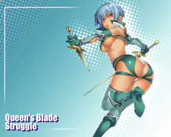 Rule 34 | 1girl, ass, blue hair, blue thighhighs, boots, breasts, dagger, dual wielding, fang assassin irma, high heels, holding, irma (queen&#039;s blade), irma (queen's blade), knife, looking back, nakamura yukitoshi, open mouth, panties, pink eyes, queen&#039;s blade, shoes, short hair, solo, sword, thighhighs, thong, underboob, underwear, weapon, white panties