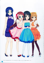 Rule 34 | 10s, 4girls, :d, absurdres, aqua eyes, belt, black hair, blue eyes, blue hair, blush, bobby socks, braid, brown eyes, brown hair, dress, flower, folded hair, formal, girl sandwich, gradient background, hair flower, hair ornament, hair ribbon, hair rings, hands on another&#039;s shoulders, high heels, highres, hiradaira chisaki, hisanuma sayu, holding another&#039;s arm, jewelry, kawaguchi chisato, long hair, mary janes, mukaido manaka, multiple girls, nagi no asukara, necklace, official art, open mouth, pantyhose, ribbon, sandals, sandwiched, scan, shiodome miuna, shoes, smile, socks, twintails, two side up