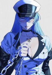 Rule 34 | 1girl, akame ga kill!, blue eyes, blue hair, blush, breasts, chest tattoo, choker, cleavage, commission, esdeath, femdom, hair between eyes, hat, highres, jellycaaakes, large breasts, long hair, long sleeves, looking at viewer, military, military uniform, no bra, peaked cap, sadism, shaded face, shadow, smile, solo, tattoo, uniform