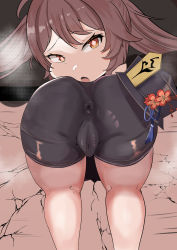 Rule 34 | 1girl, artist request, ass, black shorts, blush, brown hair, cameltoe, chinese clothes, embarrassed, from behind, genshin impact, hat, hat ornament, highres, hu tao (genshin impact), huge ass, legs, long hair, open mouth, red eyes, shiny clothes, shiny skin, short shorts, shorts, solo, stuck, thigh gap, thighs, top-down bottom-up, twintails, upside-down, very long hair