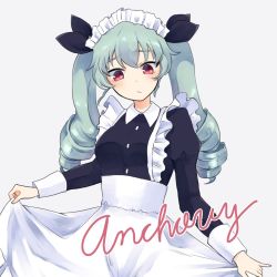 Rule 34 | 10s, 1girl, alternate costume, anchovy (girls und panzer), apron, black dress, black ribbon, blush, character name, closed mouth, collared dress, cursive, dress, drill hair, enmaided, frown, girls und panzer, green hair, grey background, hair ribbon, highres, long hair, long sleeves, looking down, maid, maid apron, maid headdress, red eyes, ribbon, simple background, skirt hold, solo, standing, twin drills, twintails, upper body, white apron, zarameru (tsukumo)