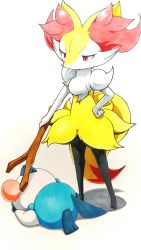 Rule 34 | 025aki, 1girl, absurdres, animal ears, animal hands, blush, braixen, breasts, creatures (company), defeat, feet, female focus, fox ears, fox tail, full body, furry, furry female, game freak, gen 5 pokemon, gen 6 pokemon, half-closed eyes, hand on own hip, highres, holding, injury, looking down, lying, nintendo, on stomach, oshawott, outstretched arm, pokemon, pokemon (creature), pokemon bw, pokemon xy, red eyes, simple background, small breasts, standing, stick, tail, traditional media, white background
