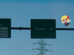 Rule 34 | 1girl, blonde hair, bow, dress, embodiment of scarlet devil, female focus, highres, photo background, power lines, red eyes, road sign, rumia, sign, solo, touhou
