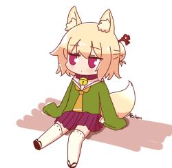 Rule 34 | 1girl, alechon, animal ear fluff, animal ears, arm support, bell, blonde hair, blush, brown footwear, closed mouth, collar, commentary, fox ears, fox girl, fox tail, full body, green shirt, hair ornament, hair stick, kemomimi-chan (naga u), long sleeves, looking to the side, medium hair, neck bell, neckerchief, orange neckerchief, original, pleated skirt, purple collar, purple eyes, purple skirt, shirt, shoes, signature, sitting, skirt, sleeves past fingers, sleeves past wrists, solo, tail, thighhighs, white background, white thighhighs