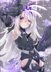 Rule 34 | 1girl, absurdres, ahoge, animal ears, armlet, black bodysuit, black sleeves, black thighhighs, bodysuit, claw (weapon), closed mouth, cross-shaped pupils, detached sleeves, flat chest, grey hair, hairband, highres, long hair, mismatched pupils, misoso 25, no.21: feral scent (punishing: gray raven), no.21 (punishing: gray raven), punishing: gray raven, purple eyes, purple hairband, sidelocks, sleeves past wrists, solo, symbol-shaped pupils, tail, thighhighs, weapon, wolf ears, wolf tail