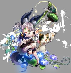 Rule 34 | 10s, 1girl, animal ear fluff, animal ears, blade &amp; soul, cat, character request, drill hair, flower, green eyes, hosaki, lyn (blade &amp; soul), morning glory, open mouth, paint splatter, paintbrush, pointing, tail, teapot, twin drills, wind chime