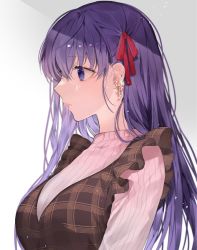 Rule 34 | 1girl, bad id, bad twitter id, blue eyes, breasts, brown dress, dress, earrings, fate/stay night, fate (series), grey background, hair ribbon, highres, jewelry, long hair, matou sakura, plaid, plaid dress, profile, purple eyes, purple hair, red ribbon, ribbon, shimatori (sanyyyy), simple background, solo, sweater