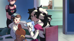 Rule 34 | 1girl, 2boys, armband, beanie, bed, belt, bewear, black hair, brown hair, child, closed mouth, commentary request, creatures (company), cropped jacket, game freak, gen 5 pokemon, gen 7 pokemon, green eyes, gym leader, hat, indoors, jacket, korean commentary, long hair, long sleeves, multicolored hair, multiple boys, nintendo, npc trainer, open mouth, piers (pokemon), pokemon, pokemon: twilight wings, pokemon (creature), pokemon swsh, purple eyes, scrafty, short hair, signature, sitting, smile, tank top, team yell, team yell grunt, two-tone hair, white hair, white jacket, zigzagdb