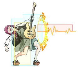 1girl :d ^_^ bass_guitar black_jacket black_nails blush bocchi_the_rock! bow closed_eyes collarbone dress fighting_game fingernails full_body furrowed_brow geta green_bow green_dress guilty_gear guitar hair_bow heel_up hiroi_kikuri hitbox holding holding_bass_guitar holding_guitar holding_instrument i-no instrument jacket legs_apart long_hair low-braided_long_hair low-tied_long_hair medium_dress multicolored_jacket nail_polish nose_blush open_clothes open_jacket open_mouth pink_hair sharp_teeth simple_background smile solo sound_wave standing teeth toenail_polish toenails torako_(toramaru) twitter_username two-tone_jacket upper_teeth_only watermark white_background white_jacket yamaha_trb